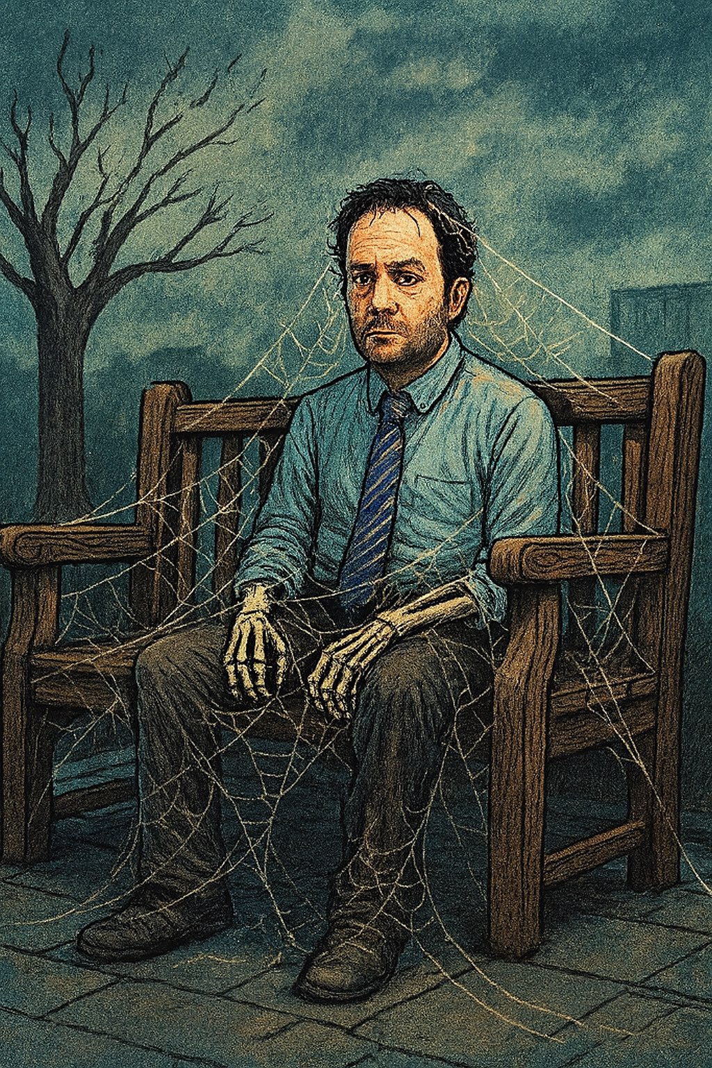 Ilustración: un hombre de camisa y corbata sentado en una banca de parque bajo un cielo gris, cubierto de telarañas de tanto esperar.